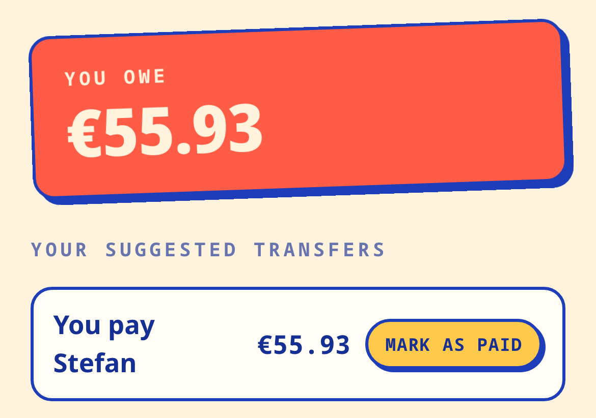 The Settle tab as a trip member sees it — the app tells them exactly what they owe and to whom.
