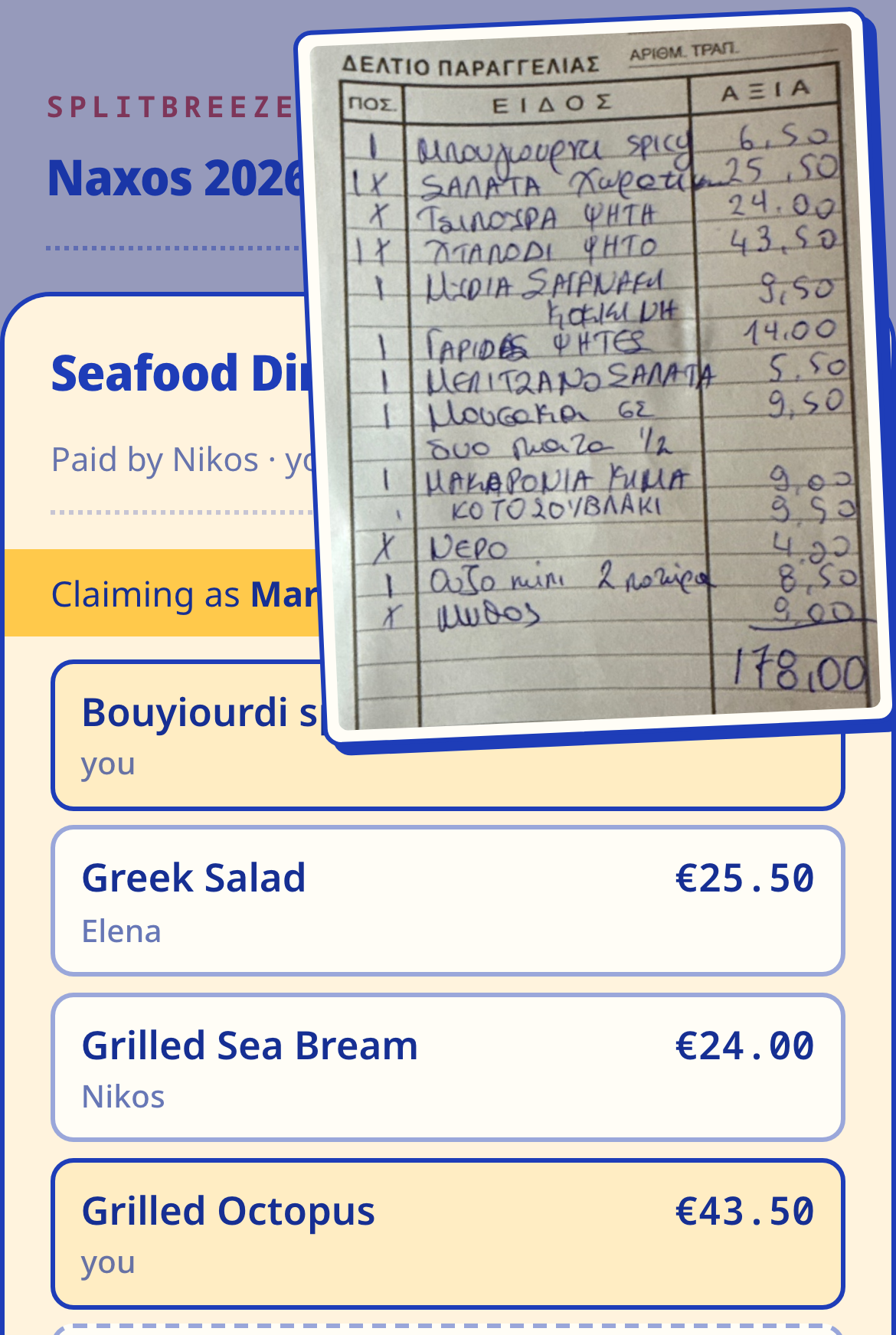 A handwritten Greek bill photographed in Splitbreeze, and the same bill translated and itemized beside it, every line tappable.