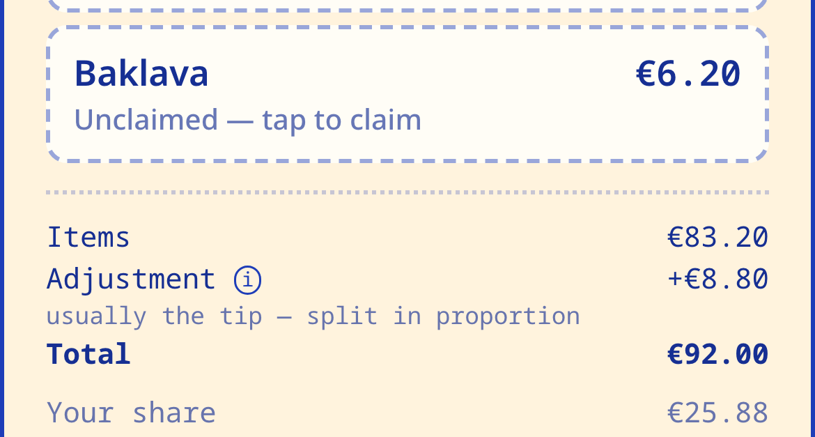 The bill's tip line in Splitbreeze — entered once, split proportionally across everyone.
